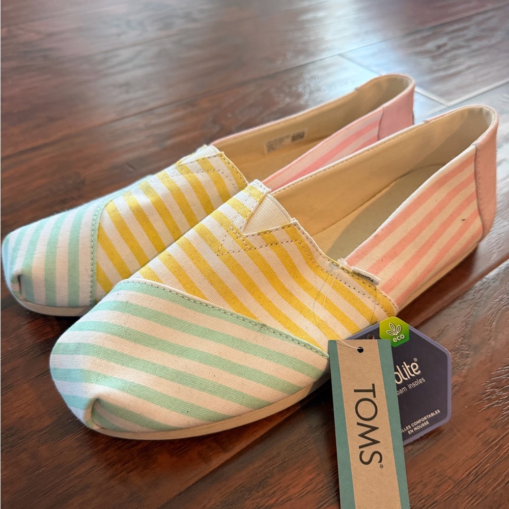 TOMS Pastel Striped Slip-Ons in Mint, Yellow & Pink